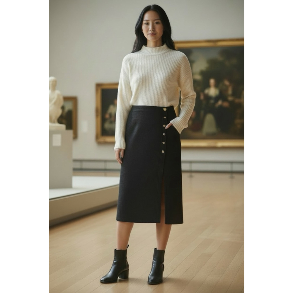 ZARA Black Button Front Slit Midi Skirt XL